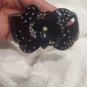 Vintage Clip Paris Black Resin Floral Bow Hair Barrette AB Rhinestone French